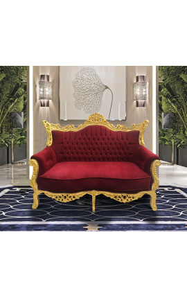 Baroka rokoko 2-vietīgs dīvāns bordo samta un zelta koka