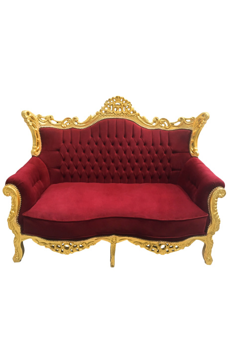 Barockes Rokoko-2-Sitzer-Sofa aus weinrotem Samt und goldenem Holz