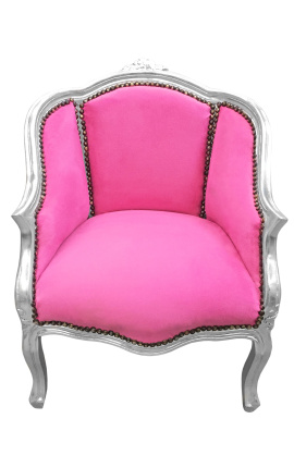 Bergere fotelis Louis XV stiliaus rožinis aksomas ir sidabro mediena