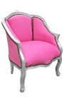 Bergere fotelis Louis XV stiliaus rožinis aksomas ir sidabro mediena