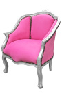 Bergere armchair Louis XV style pink velvet and silver wood