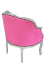 Bergere armchair Louis XV style pink velvet and silver wood