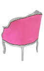 Bergere armchair Louis XV style pink velvet and silver wood