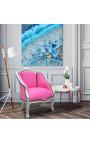 Bergere armchair Louis XV style pink velvet and silver wood