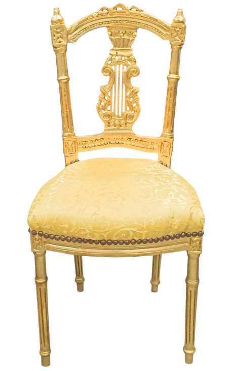 Harp chair with gold satin fabric and gilded wood