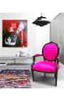 Barock-Sessel im Louis XVI-Stil, Medaillon aus rosafarbenem Stoff und schwarz lackiertem Holz 