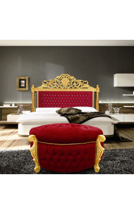 Grande banquette coffre baroque ronde bordeaux et strass, bois doré