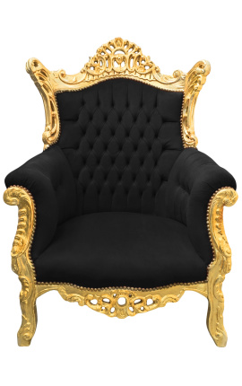Grand Rococo Baroko fotelis juodas aksomas ir paauksuota mediena