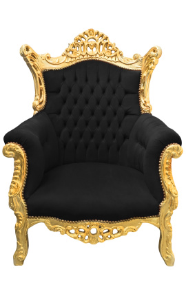 Grote Rococo Barokke armstoel zwart velvet en gilded hout