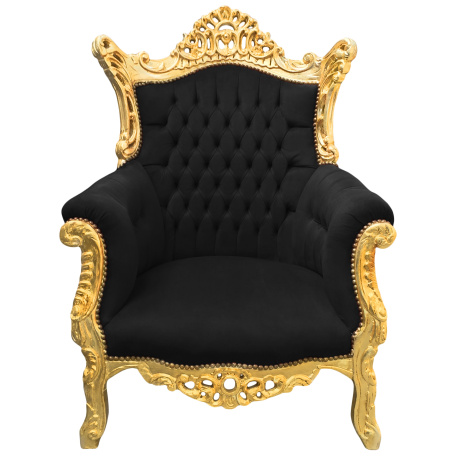 Fauteuil Style Baroque Rococo Château Monfort, Oreilles, Or Et Noir, Bois Massif, Coton, Assemblé