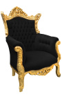 Fotel Grand Rococo Barokowy czarny aksamit i pozłacane drewno