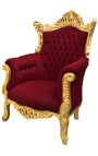 Grand fauteuil Baroque rococo velours bordeaux et bois doré