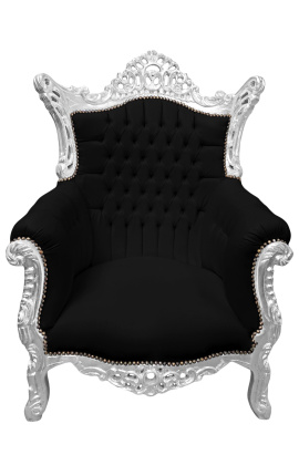 Grand Rococo Barok fauteuil zwart fluweel en zilverhout