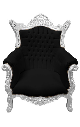 Grand Rococo Baroko fotelis juodas aksomas ir sidabro mediena