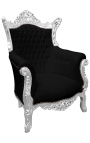 Grand Rococo Baroque armchair black velvet and silver wood