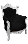 Grand fauteuil Baroque rococo velours noir et bois argent