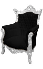 Grand fauteuil Baroque rococo velours noir et bois argent