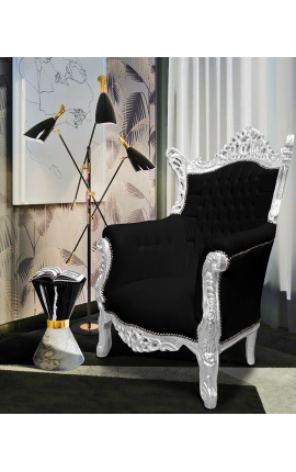 Grand Rococo Baroque armchair black velvet and silver wood