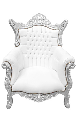 Grand Rococo Barok fauteuil wit kunstleer en zilver hout