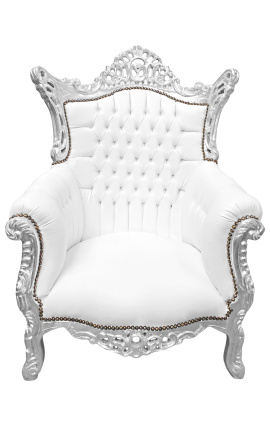 Grand fauteuil Baroque rococo simili cuir blanc et bois argent