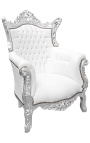Grand Rococo baroka stila krēsls balts no ādas un sudraba koka