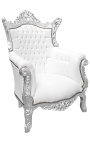 Grand fauteuil Baroque rococo simili cuir blanc et bois argent