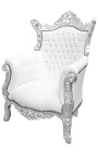 Grand fauteuil Baroque rococo simili cuir blanc et bois argent