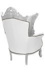 Grand fauteuil Baroque rococo simili cuir blanc et bois argent