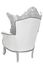Grand fauteuil Baroque rococo simili cuir blanc et bois argent