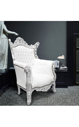 Grand fauteuil Baroque rococo simili cuir blanc et bois argent