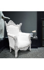 Fotel Grand Rococo Baroque biała ekoskóra i srebrne drewno
