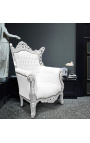 Grand fauteuil Baroque rococo simili cuir blanc et bois argent