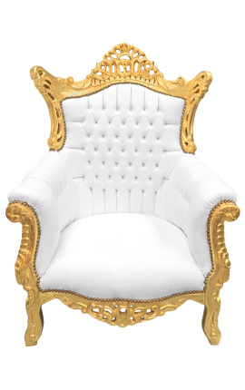 Fotoliu Grand Rococo Baroc din piele albă și lemn auriu