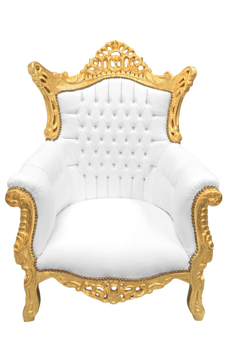 Grand Rococo Barok fauteuil wit kunstleer en goud hout