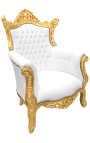 Fotoliu Grand Rococo Baroc din piele albă și lemn auriu