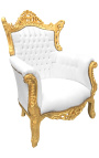 Grand fauteuil Baroque rococo simili cuir blanc et bois doré