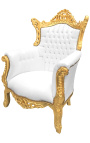 Grand fauteuil Baroque rococo simili cuir blanc et bois doré