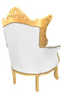 Grande poltrona barocca rococò in similpelle bianca e legno dorato
