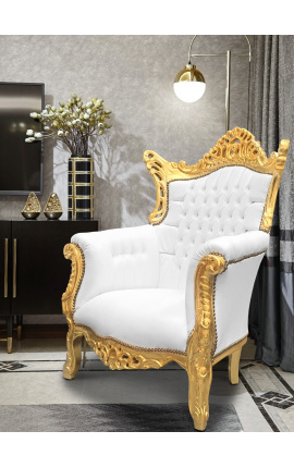 Fotel w stylu barokowym Grand Rococo, biała ekoskóra i złote drewno