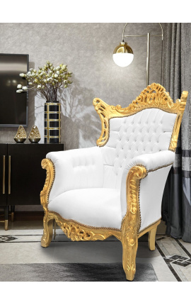 Grand fauteuil Baroque rococo simili cuir blanc et bois doré