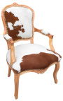 Baroque armchair of Louis XV style with real brown and white cowhide and raw wood