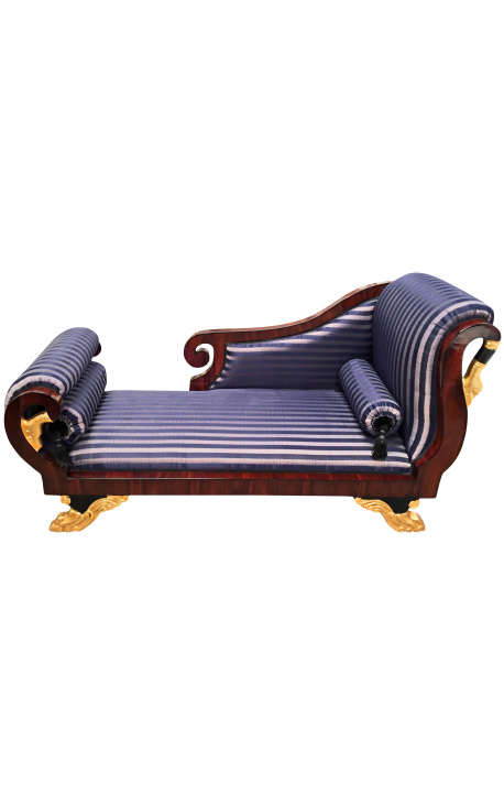 Grande daybed stile impero in tessuto di raso a righe blu e legno di mogano