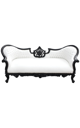 Barok bank Napoleon III medaillon wit kunstleer en glanzend zwart hout