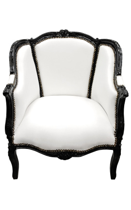 Bergere armchair Louis XV style white leatherette and black wood