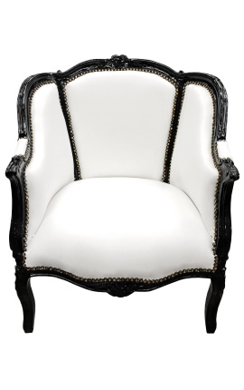 Sillón de Bergere Luís XV estilo falsa piel blanco y madera negra