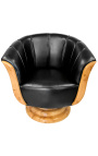 Fauteuil "Tulipe" de style art déco loupe d'orme et simili cuir noir