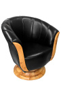 Fauteuil "Tulipe" de style art déco loupe d'orme et simili cuir noir