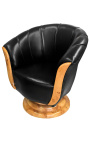 Fauteuil "Tulipe" de style art déco loupe d'orme et simili cuir noir