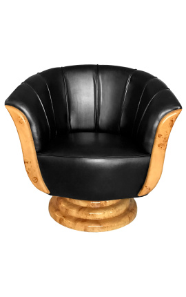 Armstoel "Tulip" art deco stijl elm en zwart leatherette