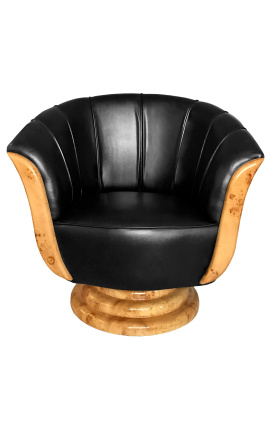 Armchair "Tulip" art deco style elm and black leatherette